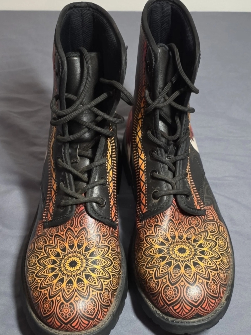 Black Combat Boots with Orange Fox and Golden Mandala Accents - Picture 2 of 4
